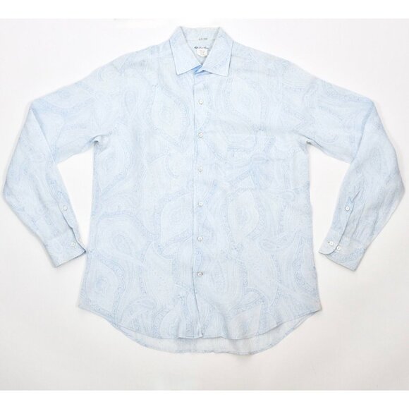 Loro Piana sz L shirt blue paisley 100% linen - Picture 1 of 9